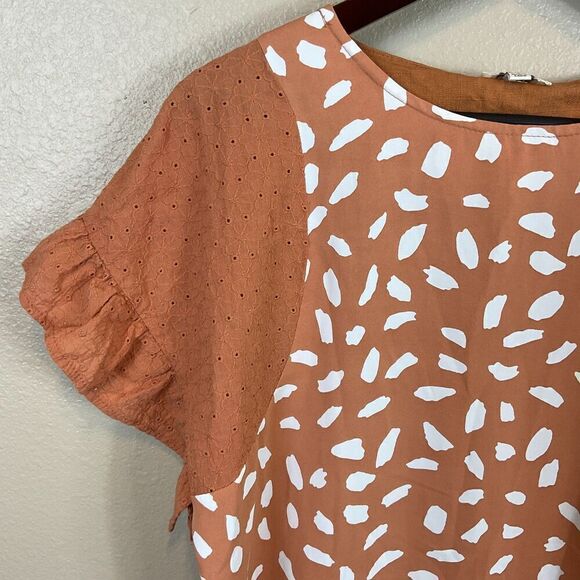 Umgee Linen Blend Top S Orange Flutter Sleeve Eyelet Mixed Media Animal Print R3 - Picture 8 of 12